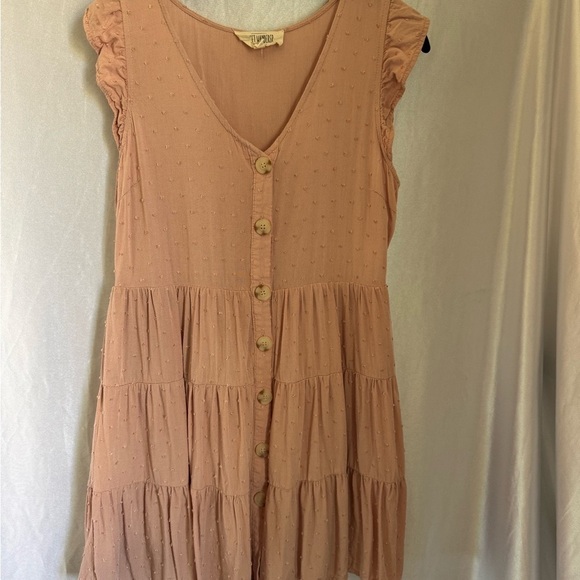 Sweet Wanderer Swiss Dot Blush Button-Front Tiered Mini Dress Size Medium - Picture 2 of 8